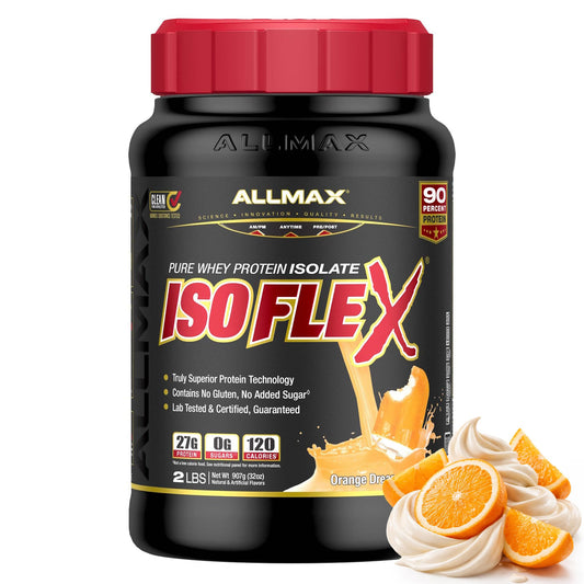 ALLMAX ISOFLEX orange dreamsicle container showing fast-absorbing protein for post-workout recovery