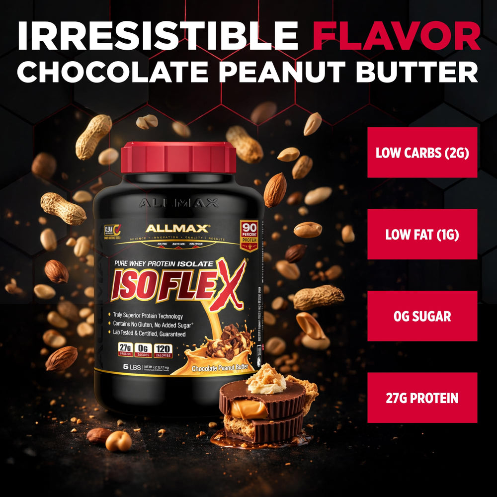 ALLMAX ISOFLEX scoop pouring powder into a shaker for rapid protein delivery.