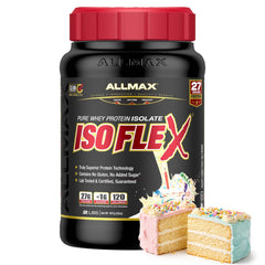 ALLMAX IsoFlex pure whey isolate tub front shows high-purity protein for quick recovery