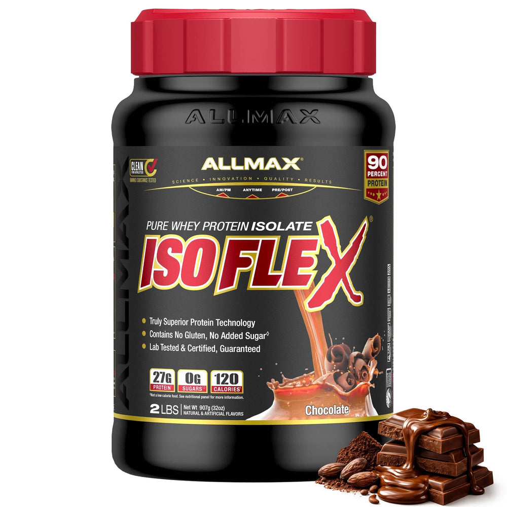 ALLMAX ISOFLEX pure whey isolate tub for clean post-workout fueling.