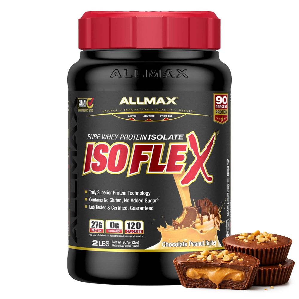 ALLMAX ISOFLEX pure whey isolate tub, high-protein post-workout option.