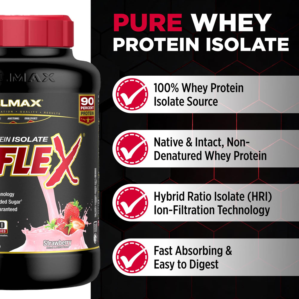 ALLMAX ISOFLEX Strawberry powder tub shows pure whey isolate with low lactose