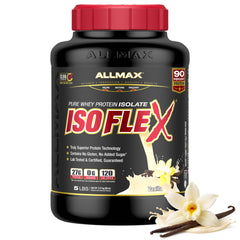 Allmax Isoflex Vanilla tub front, premium protein for lean muscle support and reliable post-workout recovery.