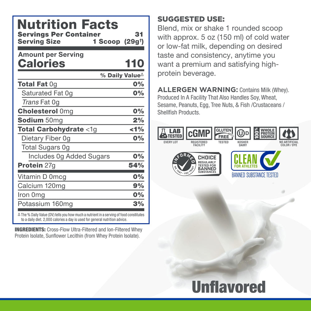 ALLMAX ISONATURAL unflavored powder scoop measures the 27 g serving.