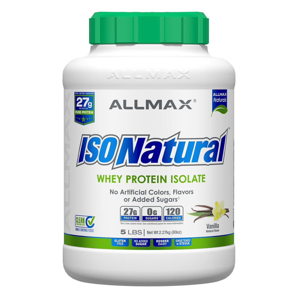 ALLMAX ISONATURAL Vanilla whey protein bottle highlights natural protein option.