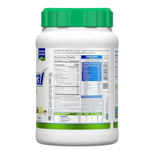 Scoop and powder close-up shows high protein per serving