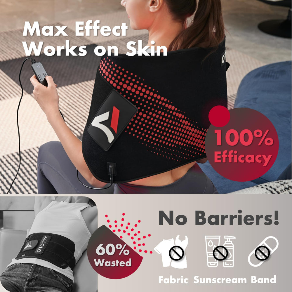 ALLOLO red light therapy coverage area demonstrates broad treatment zone for multiple body parts.
