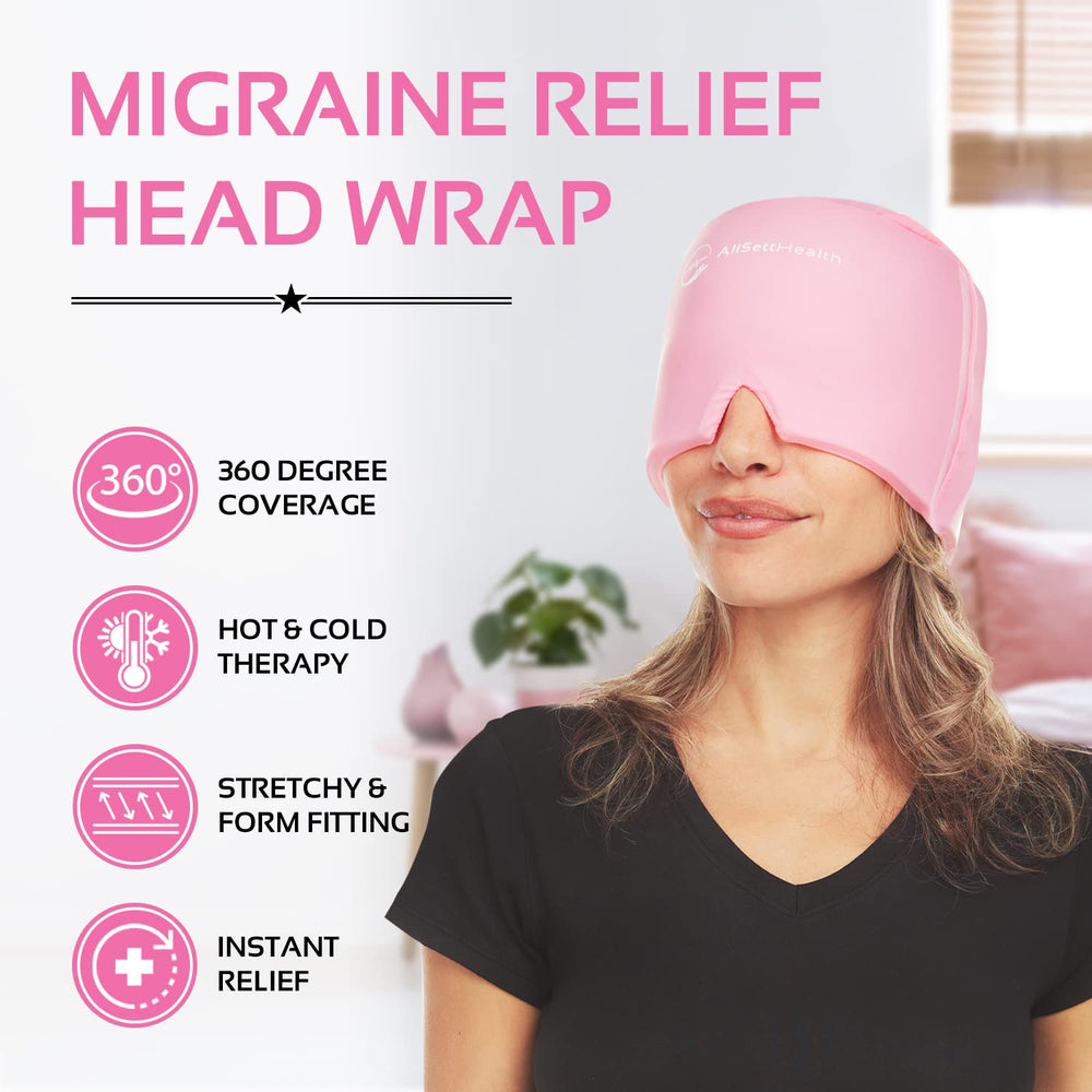 AllSett Health ice head wrap in cold therapy mode for targeted relief.