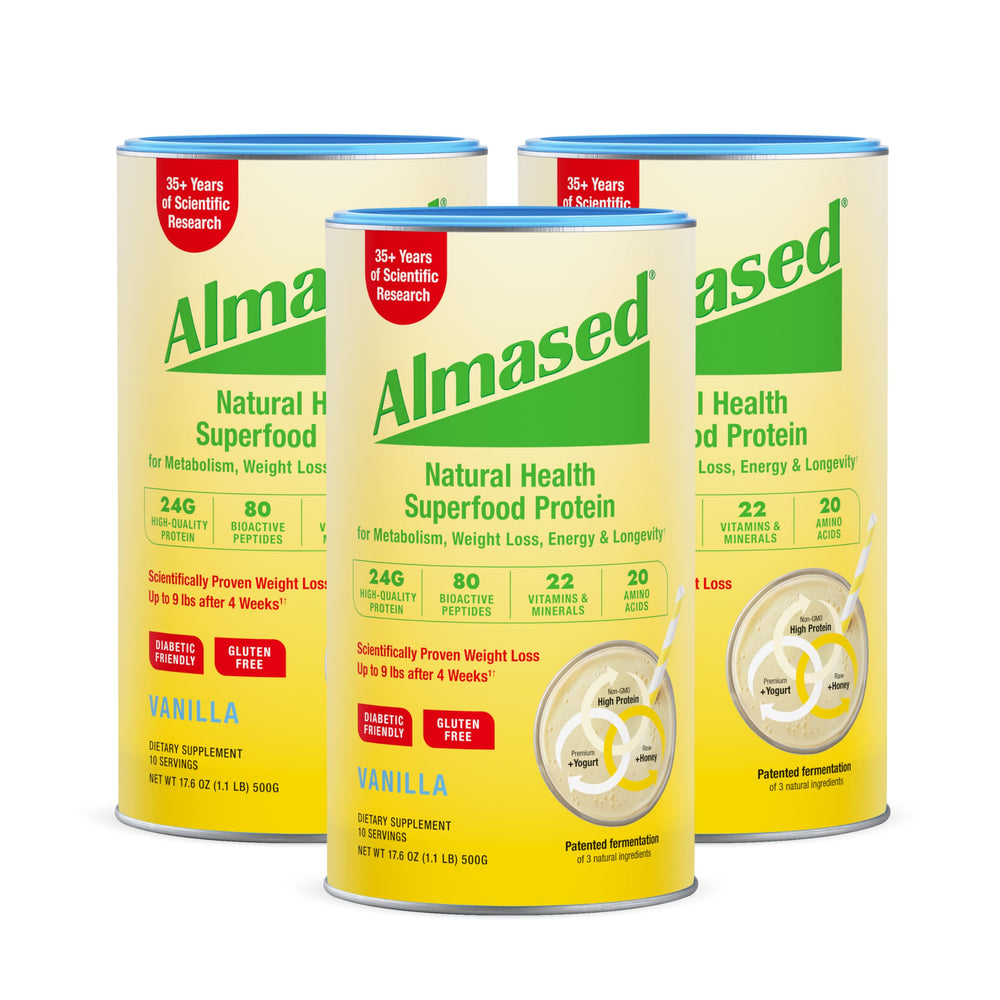 Almased Vanilla meal replacement tub—protein-packed option for a balanced breakfast.