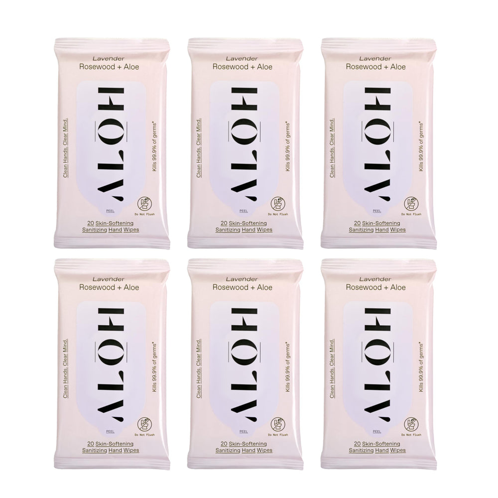 ALO H lavender rosewood aloe wipes pack shows premium, travel-ready sanitizing power.
