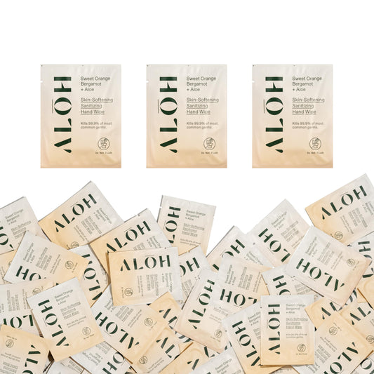 ALŌH Skin Softening Hand Wipes box close-up for refreshing clean hands