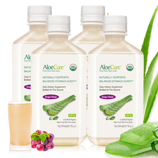 AloeCure grape-flavor bottle highlights USDA organic aloe vera juice for daily digestive balance.