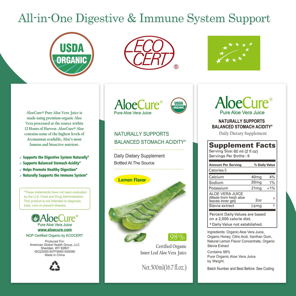 Organic lemon extract highlights in AloeCure formula for bright flavor.