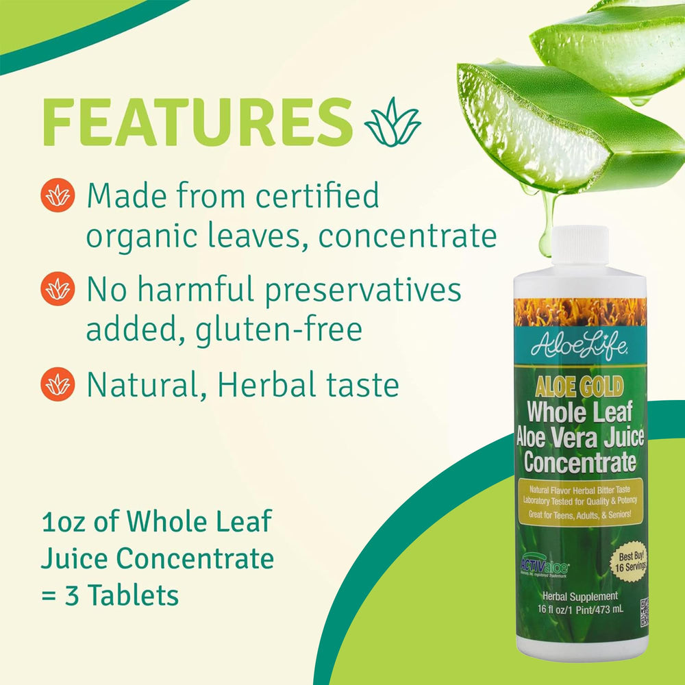 Aloe Life Aloe Gold bottle emphasizing premium organic aloe content.