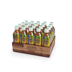 Aloevine Pomegranate Aloe bottle front with real aloe chunks for hydration.