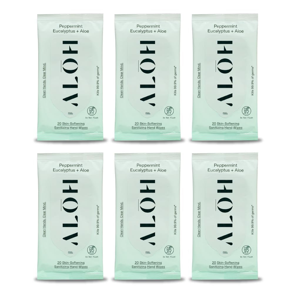 ALŌH Peppermint Eucalyptus wipes pack front for on-the-go cleansing.