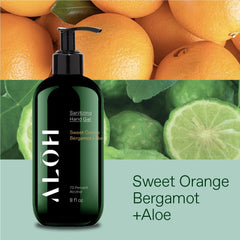 ALŌH sanitizing hand gel label close-up showing safe formula and essential oils.