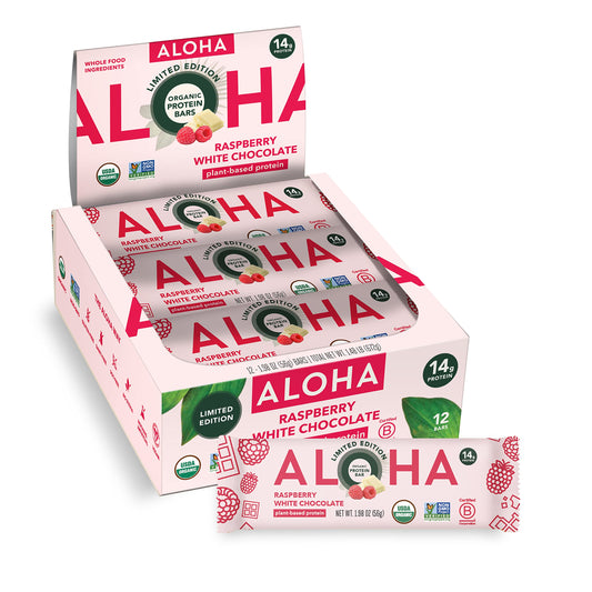 ALOHA Raspberry White Chocolate bar pack on-the-go for protein-powered snacking