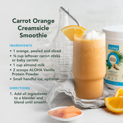 ALOHA Vanilla protein powder label close-up highlighting organic ingredients.