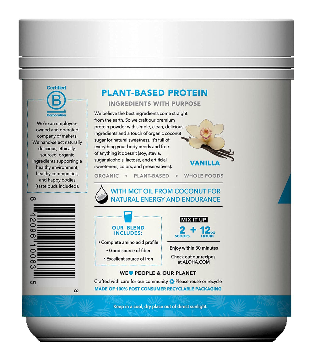 ALOHA Vanilla protein with coconut MCT oil detail for natural energy.