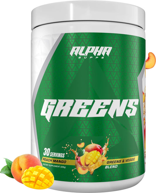 Alpha Greens Peach Mango bottle on counter supports daily energy and digestion.