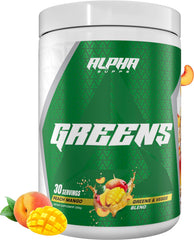 Alpha Greens Peach Mango bottle on counter supports daily energy and digestion.