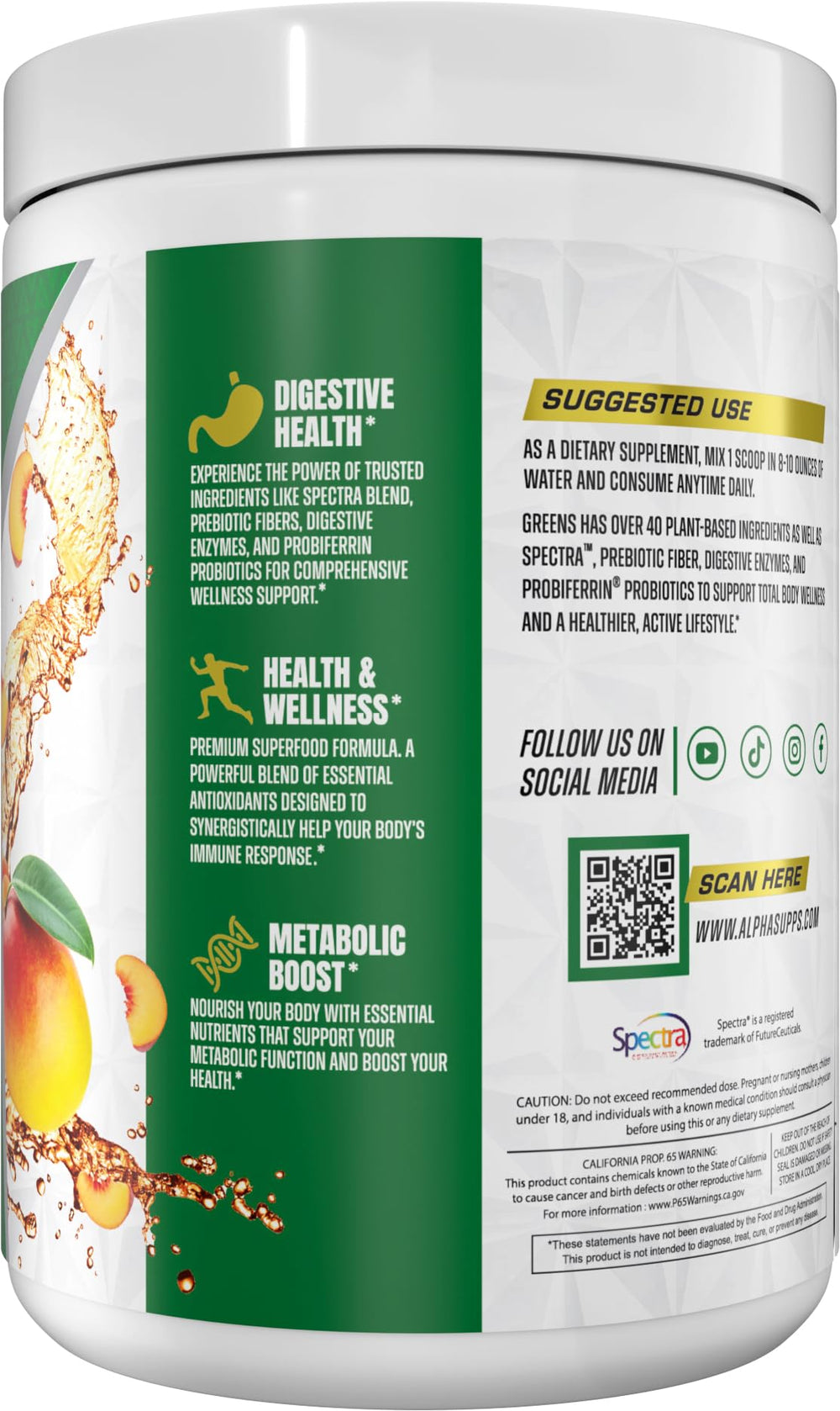 A glass of Alpha Greens Peach Mango smoothie for a morning energy boost.
