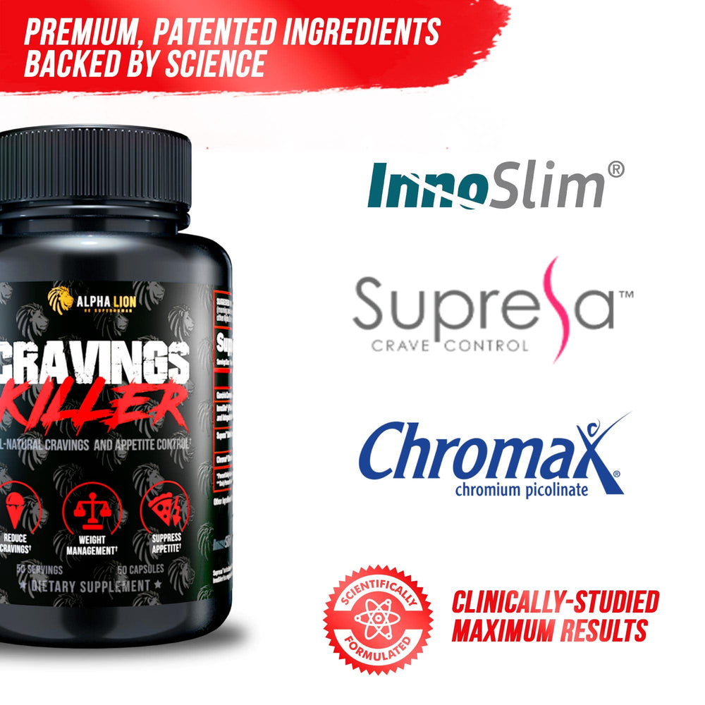 ALPHA LION Cravings Killer bottle label highlights saffron and garcinia ingredients.
