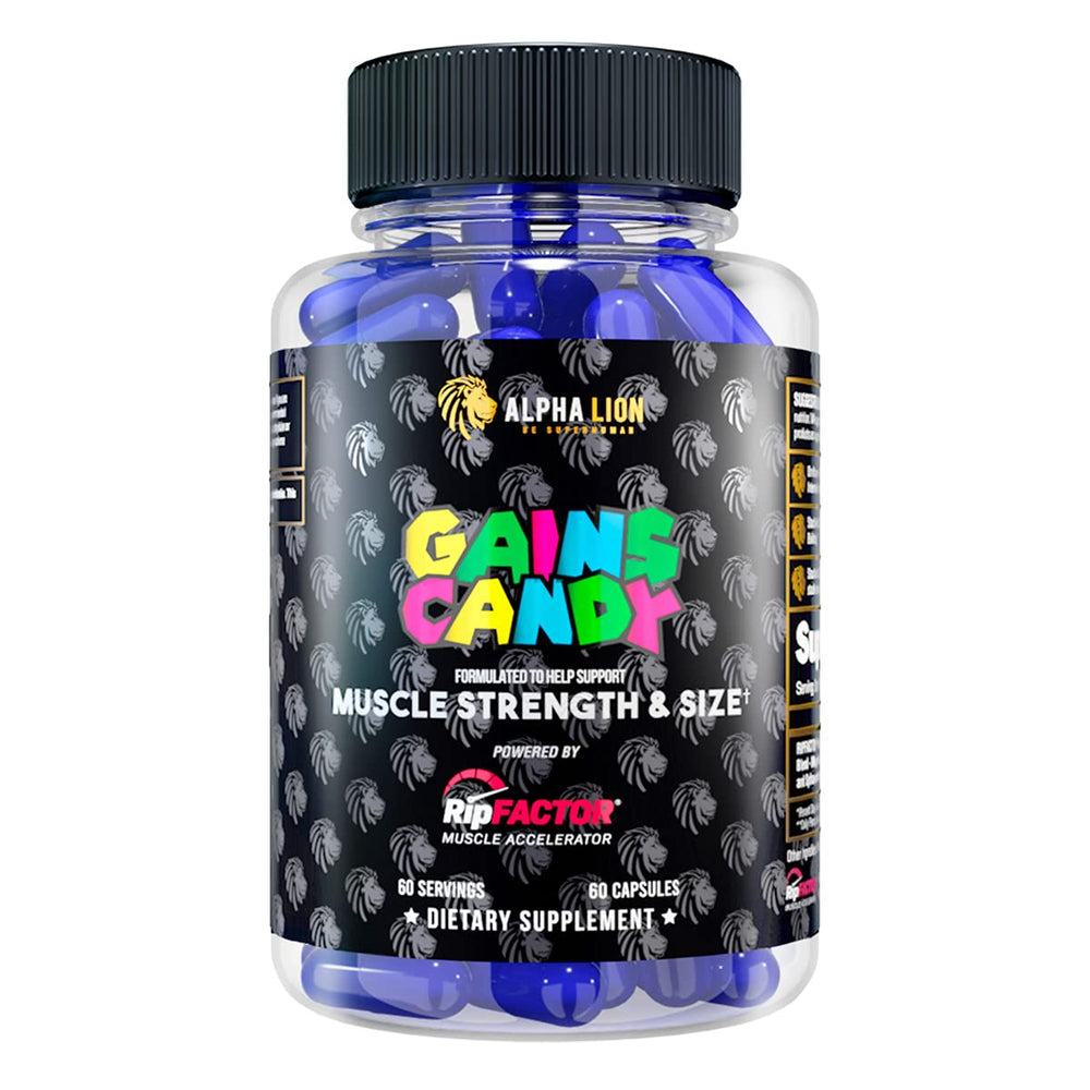 ALPHA LION Gains Candy bottle featuring RipFACTOR for natural muscle support.