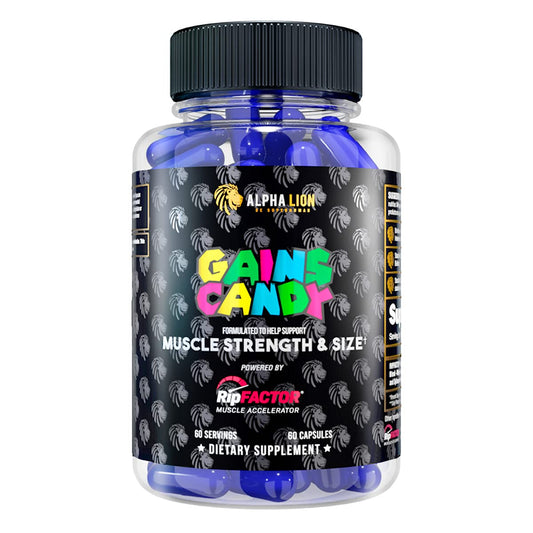 ALPHA LION Gains Candy bottle featuring RipFACTOR for natural muscle support.