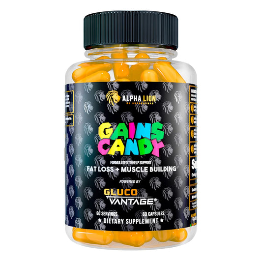 ALPHA LION Gains Candy GlucoVantage bottle showing packaging for energy support and fat management