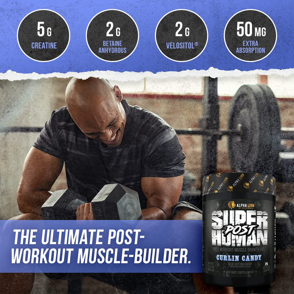 ALPHA LION Post-workout recovery powder being dispensed from scoop.