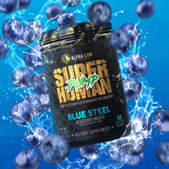 Glass of water with ALPHA LION Pump blue flavor blend.