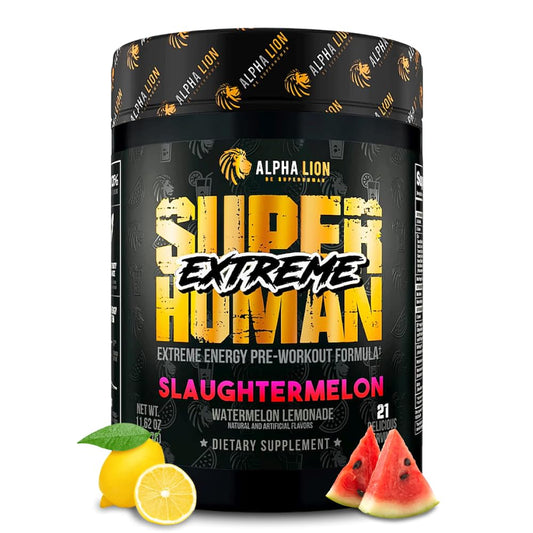 ALPHA LION Superhuman Extreme powder tub front highlighting intense training readiness.