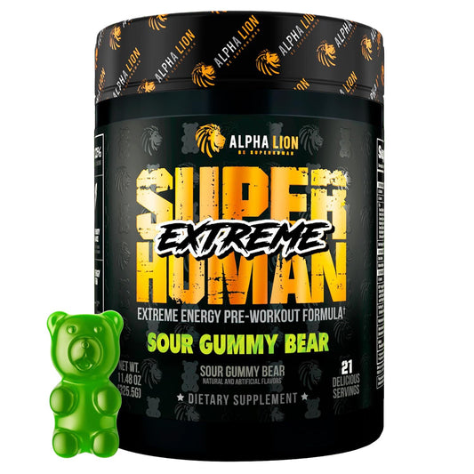 ALPHA LION Superhuman Extreme powder bottle front label for bold workouts