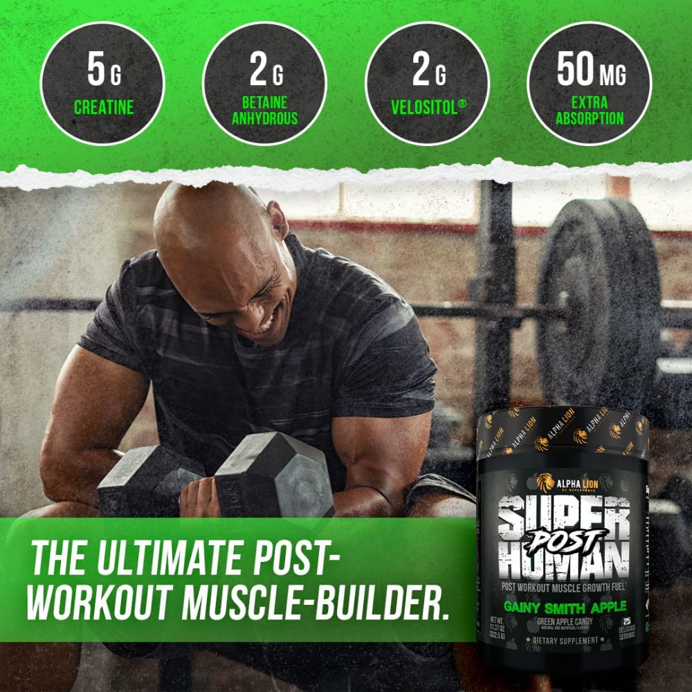 ALPHA LION Superhuman Post serving scoop beside a shaker