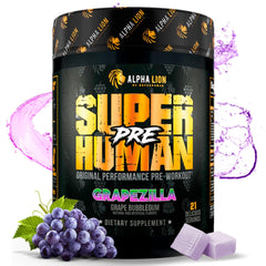 ALPHA LION Superhuman pre-workout bottle showing premium canister for lasting energy