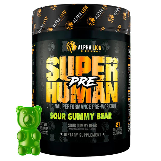 ALPHA LION Superhuman pre-workout jar front promotes premium energy for workouts