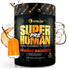 ALPHA LION Superhuman pre-workout powder tub for sustained energy and focus.
