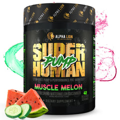 ALPHA LION Superhuman Pump bottle showing caffeine-free formula for steady workouts