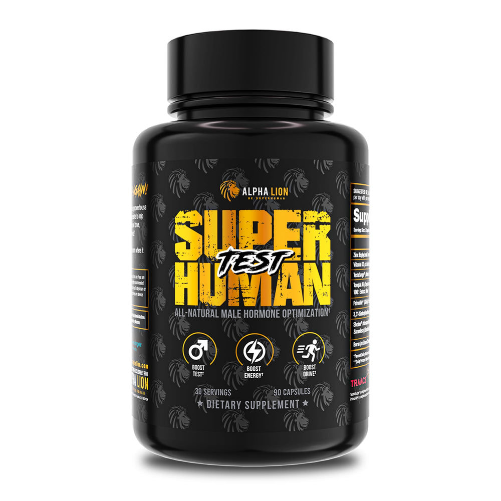 ALPHA LION Superhuman Test bottle front for workout-ready energy.
