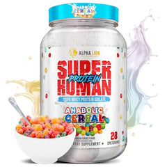 ALPHA LION Superhuman Whey bottle showing fast-absorbing isolate protein for post-workout recovery.