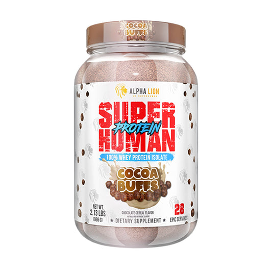 ALPHA LION Superhuman Whey Cocoa Buffs bottle showcases post-workout recovery support