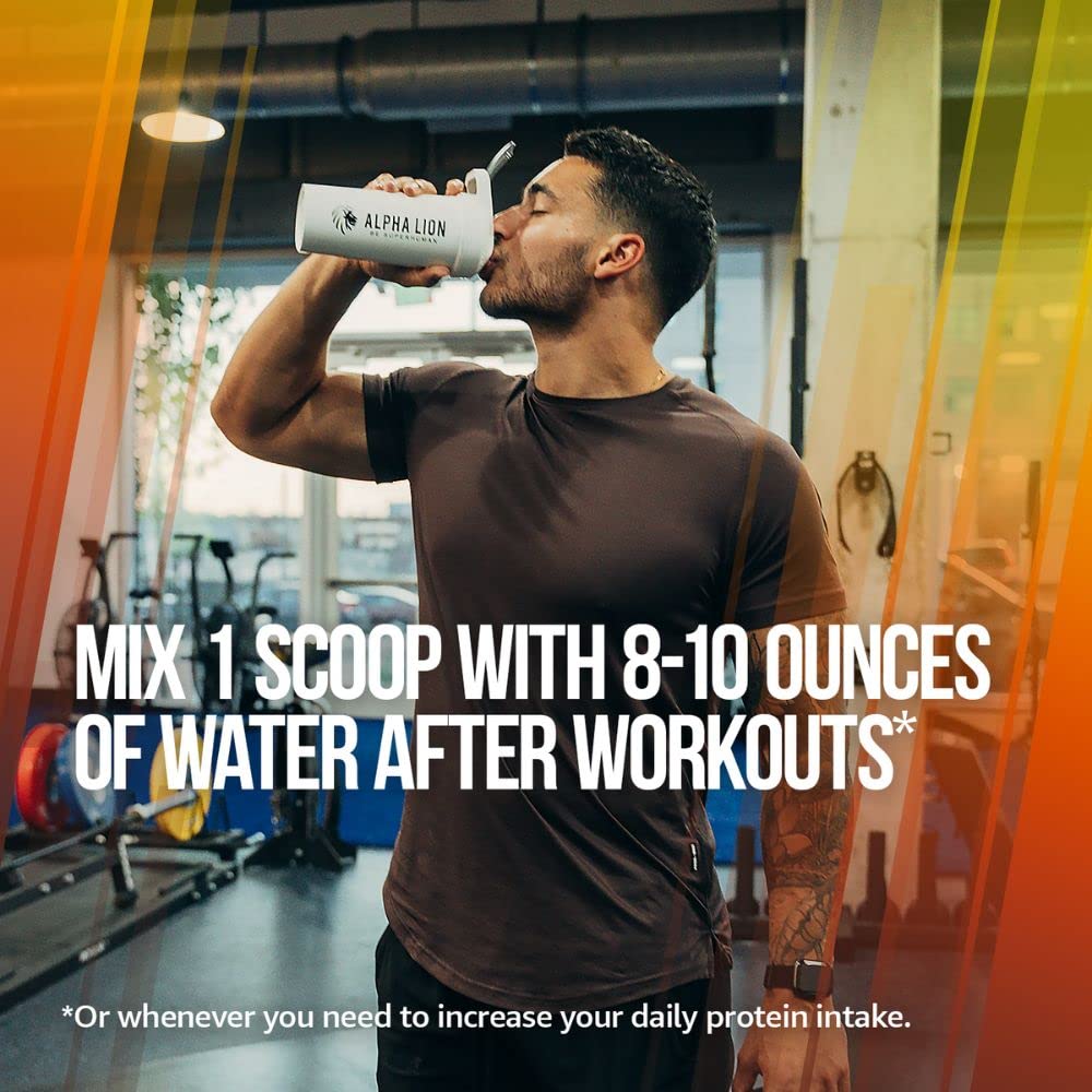 ALPHA LION Superhuman Whey shake shows creamy texture after blending.