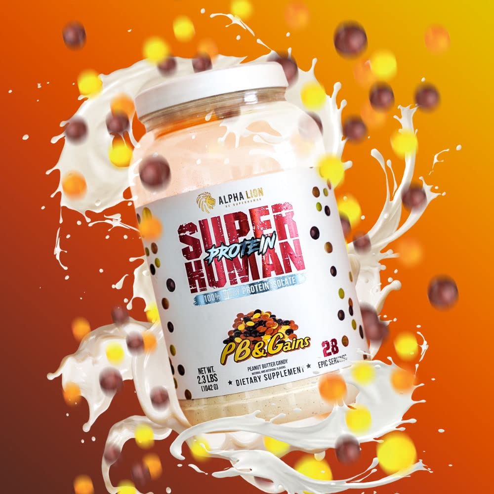 ALPHA LION Superhuman Whey serving with glass suggests lean muscle support post-workout.