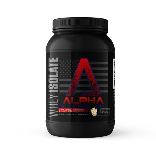 Alpha Nutrition Labs banana whey isolate shake in glass for post-workout recovery
