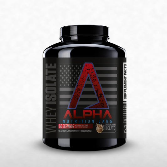 Alpha Nutrition Labs Whey Isolate Chocolate bottle for convenient protein support after workouts.