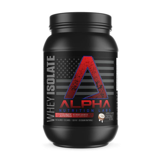Alpha Nutrition Labs whey isolate coconut ice cream tub close-up, protein-packed formula.