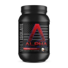 Alpha Nutrition Labs whey isolate coconut ice cream tub close-up, protein-packed formula.