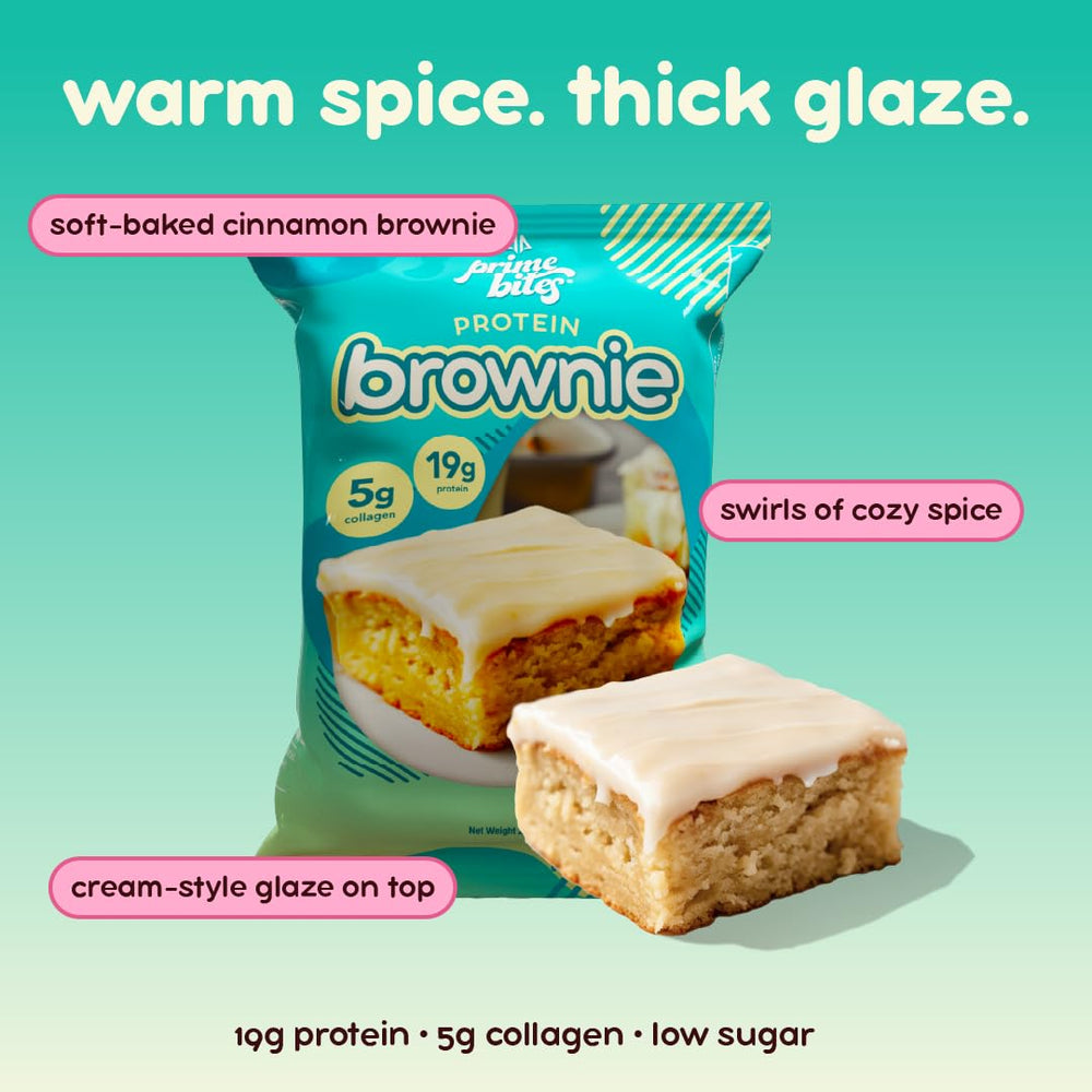 Alpha Prime Prime Bites Brownie Nutrition Facts show 19g protein and 5g collagen per brownie.